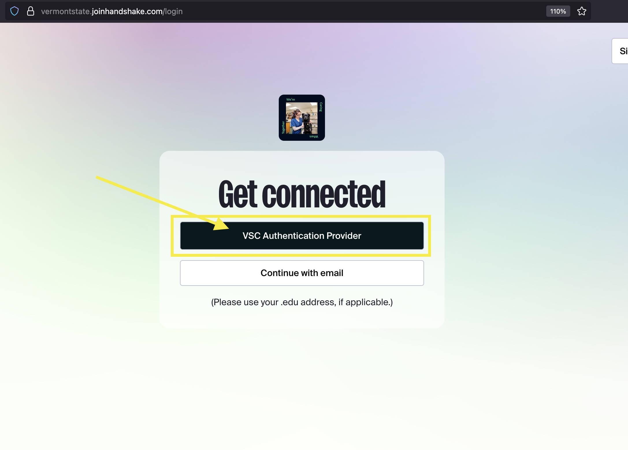 Screenshot showing login options. There is a yellow box highlighting "VSC Authentication Provider" button that is under "get connected" text. 